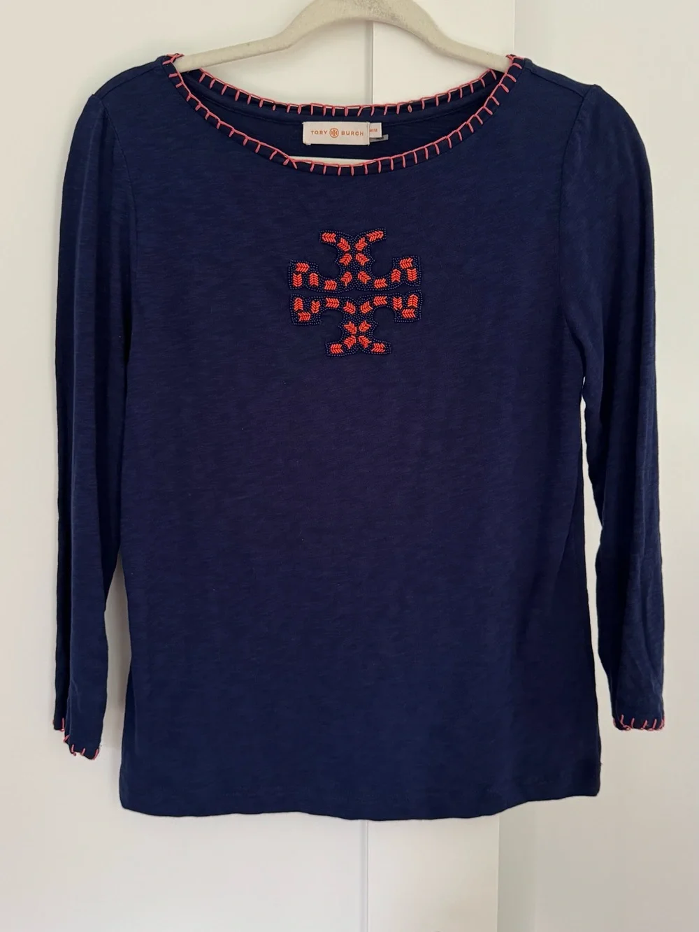Tory Burch Navy Long-Sleeve Tee with Coral Embroidery